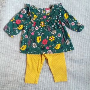 3 M Girls Green Floral Top Yellow Polka Dot Pants Outfit